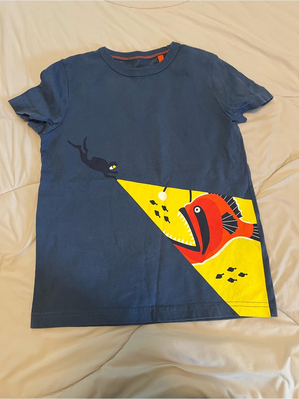 Mini Boden Kids Navy Blue Fish Graphic T-Shirt with Yellow Accent